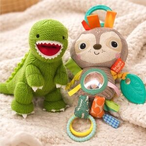 Baby Sensory Toy Bundle Dinosaur Plush + Activity Lovey Mirror Teether Crinkle